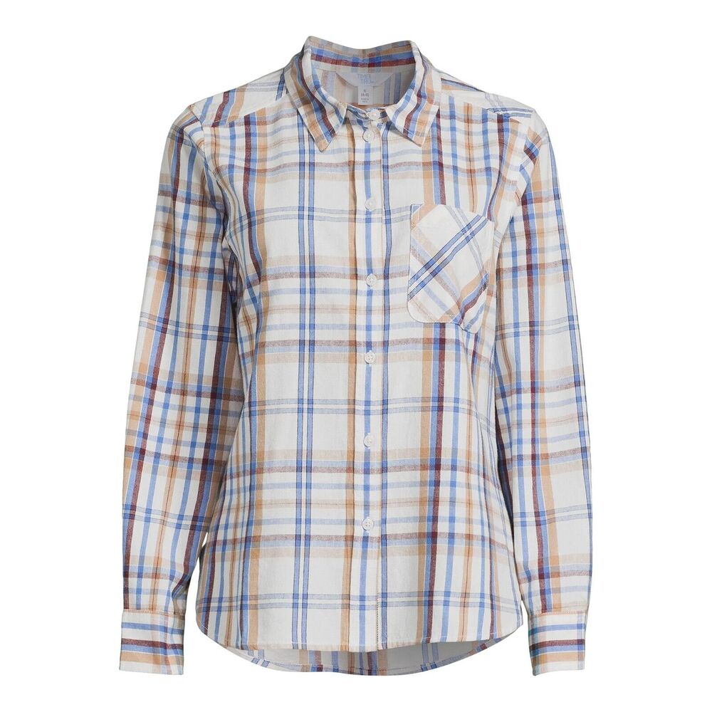 Time & Tru Women's Long‎ Sleeve Plaid Button Front Flannel Shirt Size Small 4-6